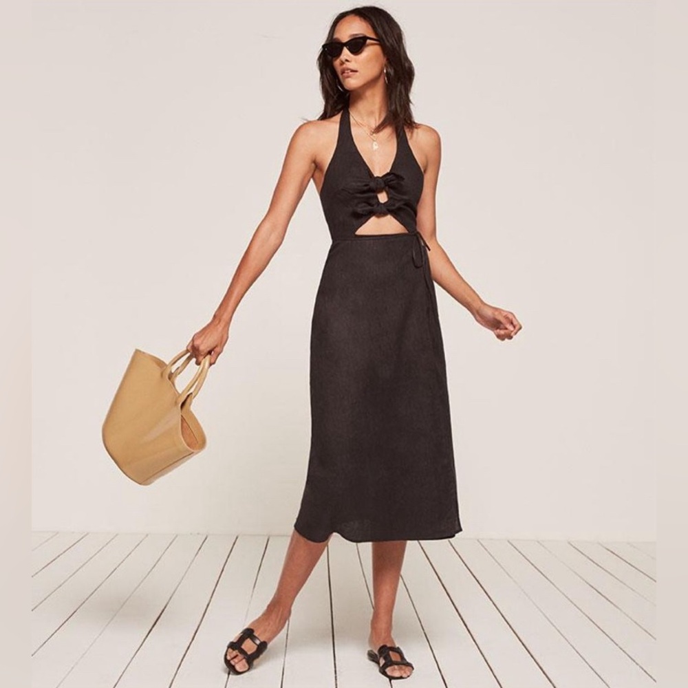 Reformation ‘Amalfi’ Linen Halter Dress, size 0, Black, EUC! 🌞